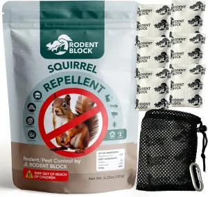 JL Rodent Block Squirrel Repellent Pouch 6-Pack - Powerful Against Mice, Racoons, Chipmunks, Snakes, Mosquitos, Ants. All Natural Ingredients, Refillable Mesh Bag & Carabiner for Hanging
