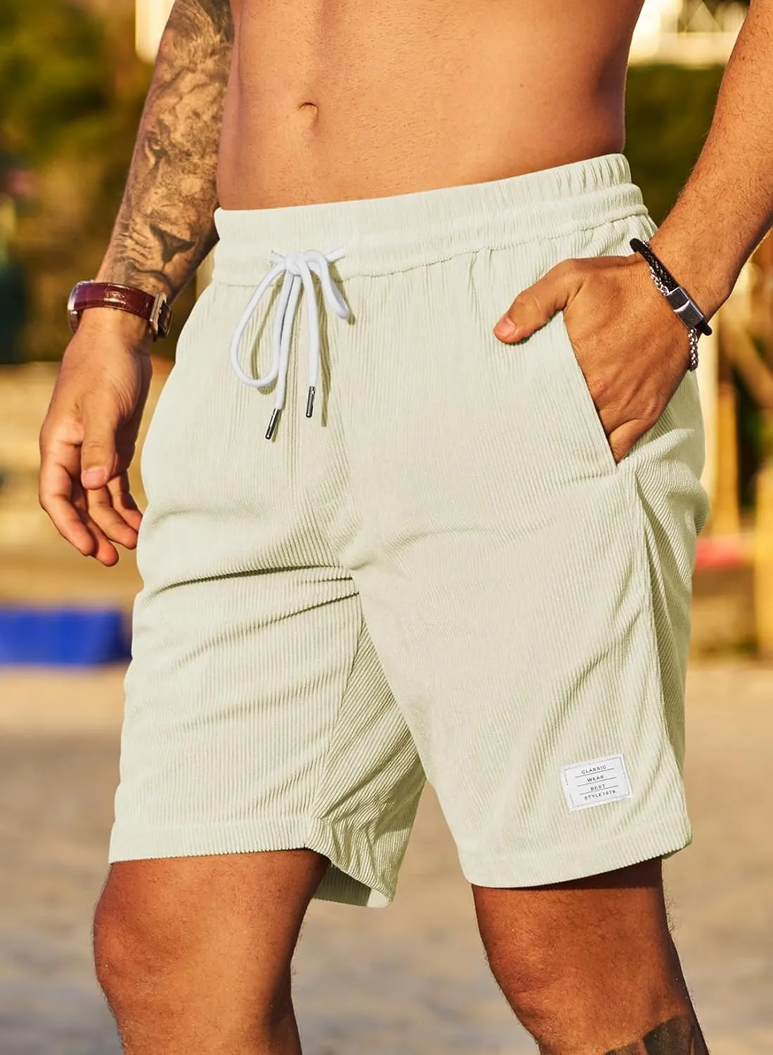 JMIERR Men's Corduroy Shorts Casual Elastic Waist Drawstring Lightweight Summer Beach Shorts