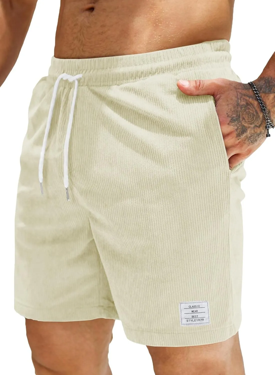 JMIERR Men's Corduroy Shorts Casual Elastic Waist Drawstring Lightweight Summer Beach Shorts