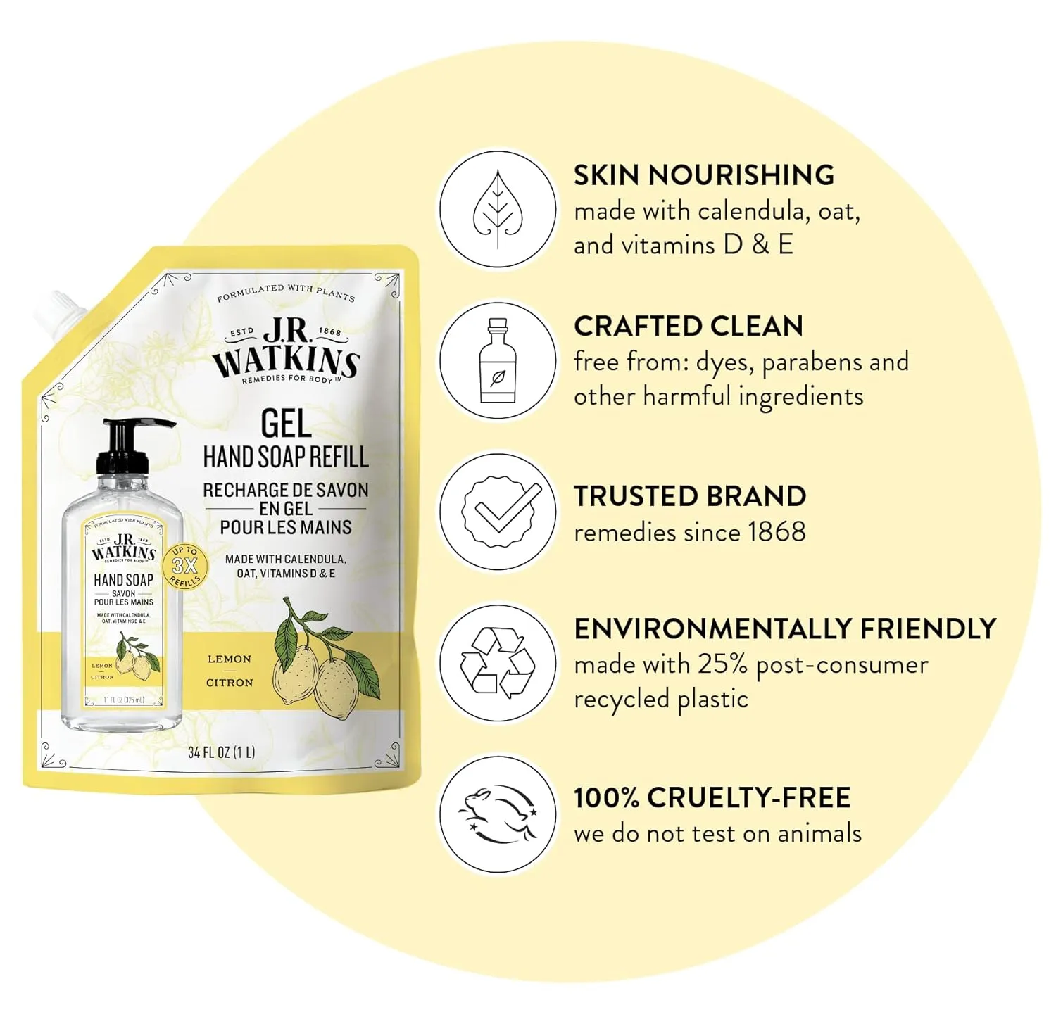 J.R. Watkins Gel Hand Soap Refill, Moisturizing Hand Wash, All Natural, Alcohol-Free, Cruelty-Free, USA Made, Lemon, 34 Fl Oz, 3 Pack