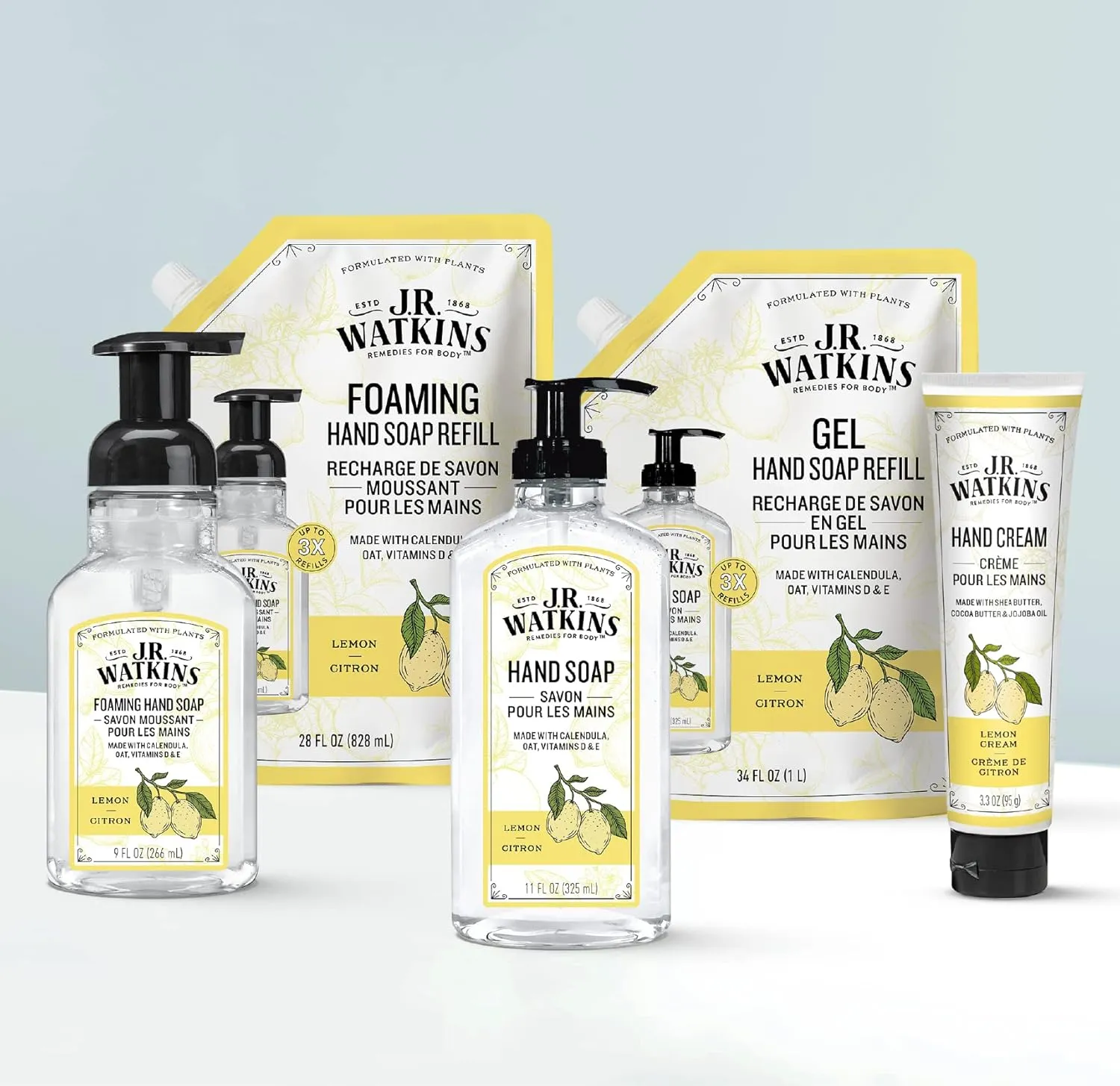 J.R. Watkins Gel Hand Soap Refill, Moisturizing Hand Wash, All Natural, Alcohol-Free, Cruelty-Free, USA Made, Lemon, 34 Fl Oz, 3 Pack
