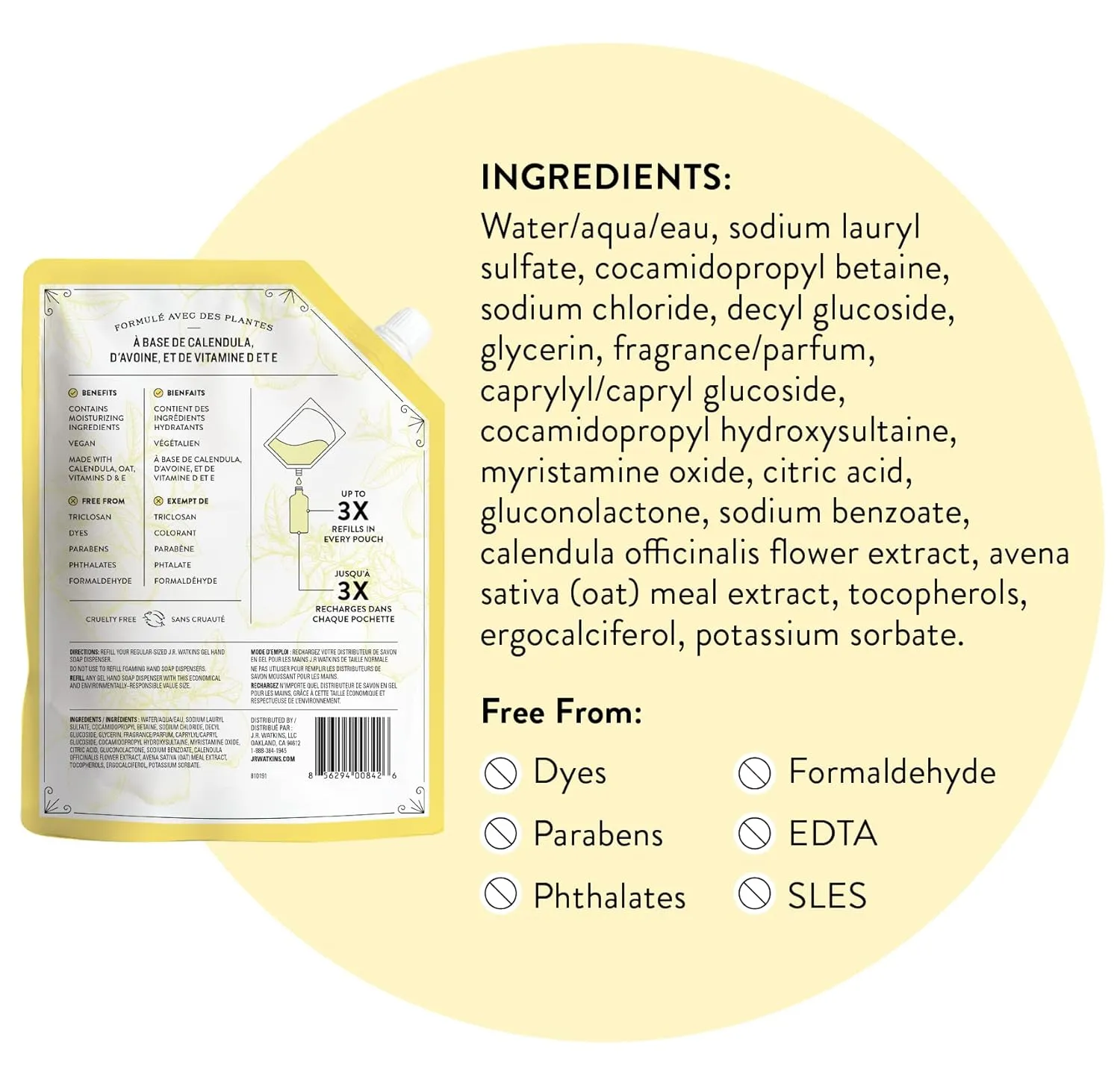 J.R. Watkins Gel Hand Soap Refill, Moisturizing Hand Wash, All Natural, Alcohol-Free, Cruelty-Free, USA Made, Lemon, 34 Fl Oz, 3 Pack