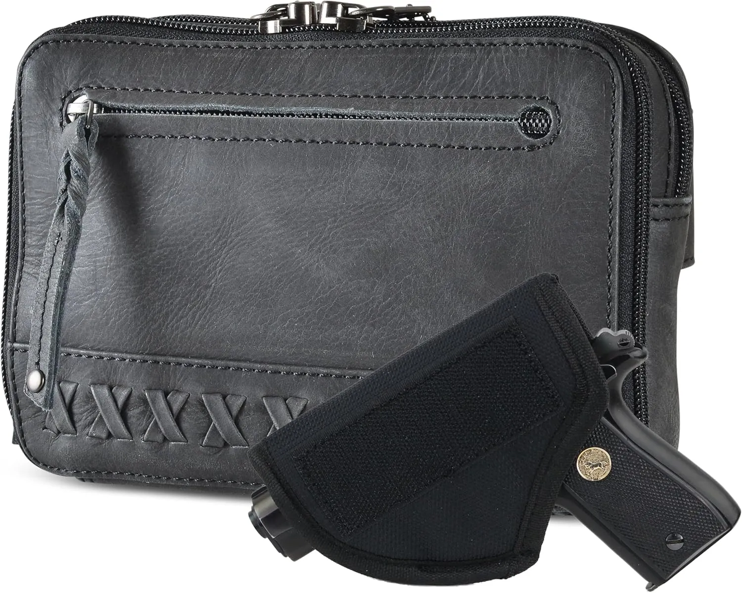 Kailey Concealed Self Defence Waist Bag by Lady Conceal - Buffalo or Suede Cowhide Leather, 3 Open Sides and Locking Zippers with Universal Holster (Black) - 8" L x 5.5" H x 2.25"