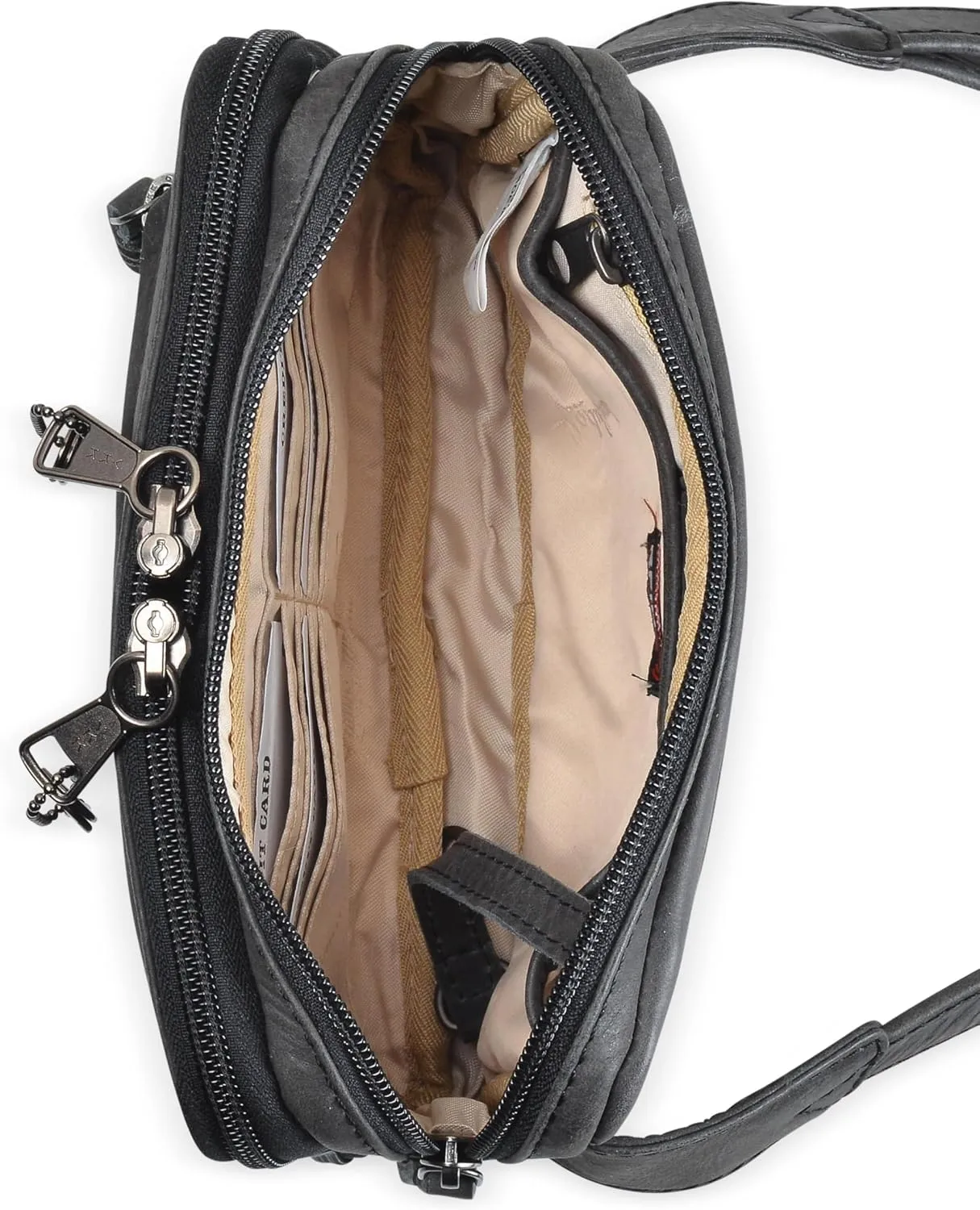 Kailey Concealed Self Defence Waist Bag by Lady Conceal - Buffalo or Suede Cowhide Leather, 3 Open Sides and Locking Zippers with Universal Holster (Black) - 8" L x 5.5" H x 2.25"