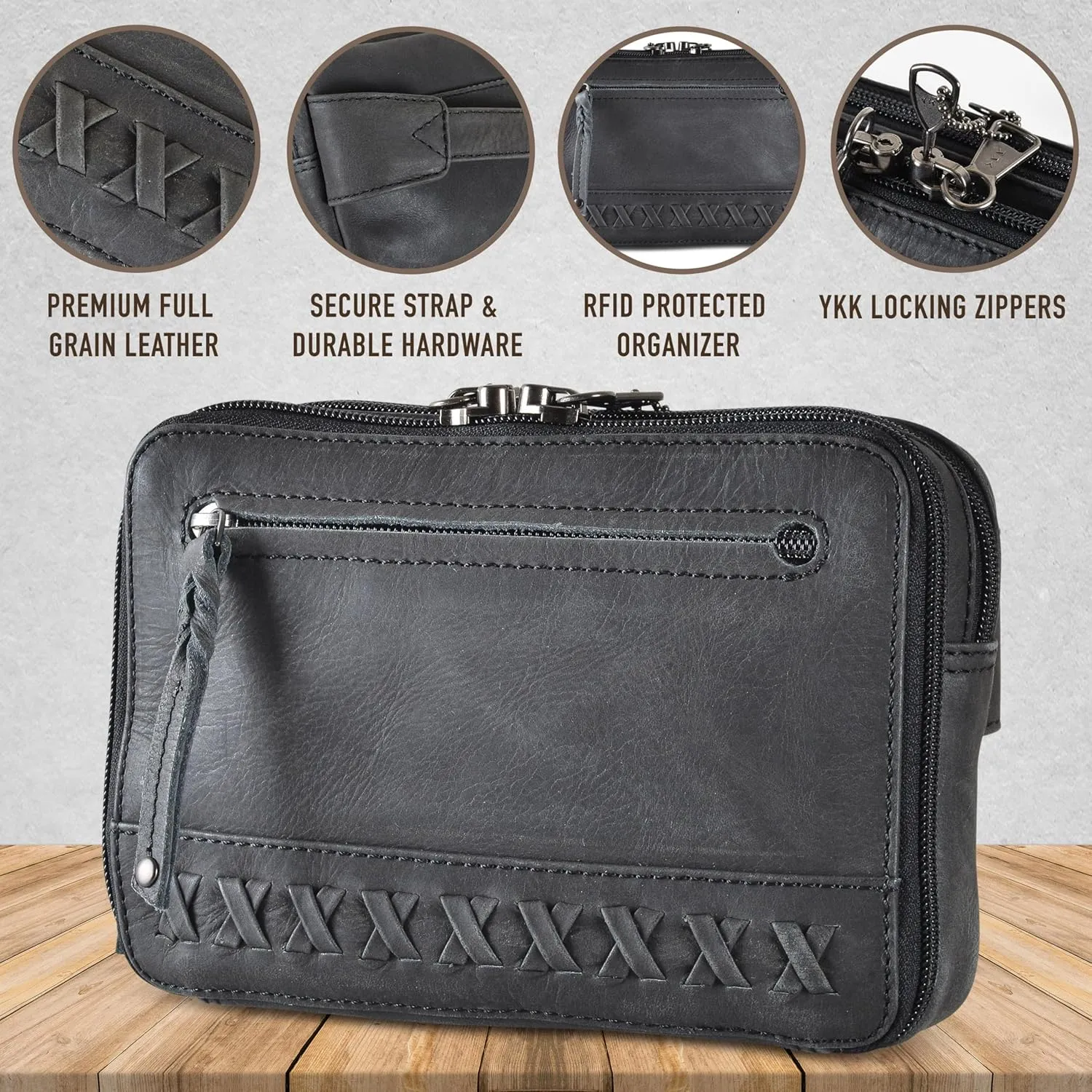 Kailey Concealed Self Defence Waist Bag by Lady Conceal - Buffalo or Suede Cowhide Leather, 3 Open Sides and Locking Zippers with Universal Holster (Black) - 8" L x 5.5" H x 2.25"