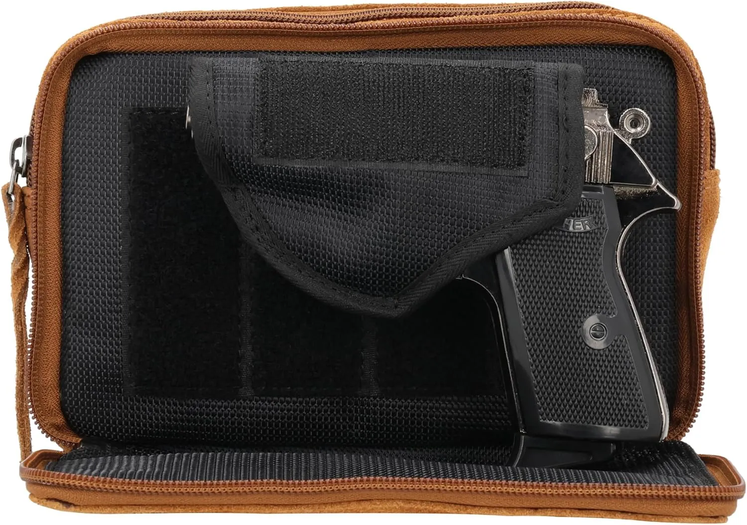 Kailey Concealed Self Defence Waist Bag by Lady Conceal - Buffalo or Suede Cowhide Leather, 3 Open Sides and Locking Zippers with Universal Holster (Chestnut) - 8" L x 5.5" H x 2.25"