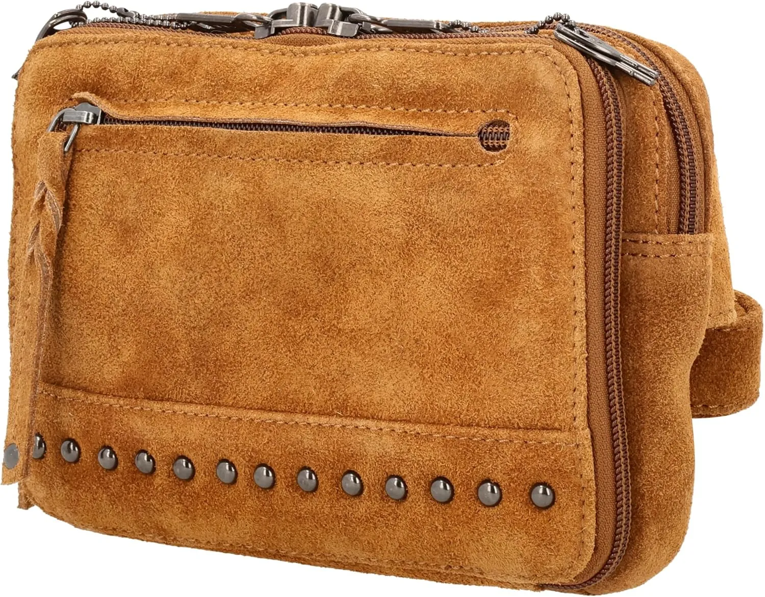 Kailey Concealed Self Defence Waist Bag by Lady Conceal - Buffalo or Suede Cowhide Leather, 3 Open Sides and Locking Zippers with Universal Holster (Chestnut) - 8" L x 5.5" H x 2.25"