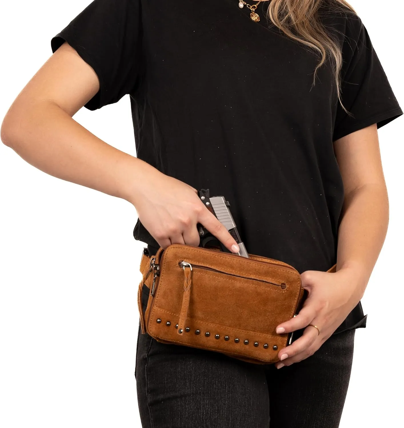 Kailey Concealed Self Defence Waist Bag by Lady Conceal - Buffalo or Suede Cowhide Leather, 3 Open Sides and Locking Zippers with Universal Holster (Chestnut) - 8" L x 5.5" H x 2.25"