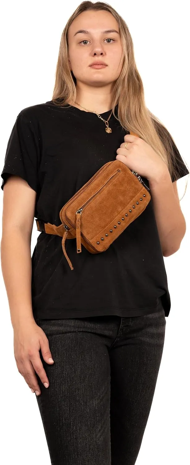 Kailey Concealed Self Defence Waist Bag by Lady Conceal - Buffalo or Suede Cowhide Leather, 3 Open Sides and Locking Zippers with Universal Holster (Chestnut) - 8" L x 5.5" H x 2.25"