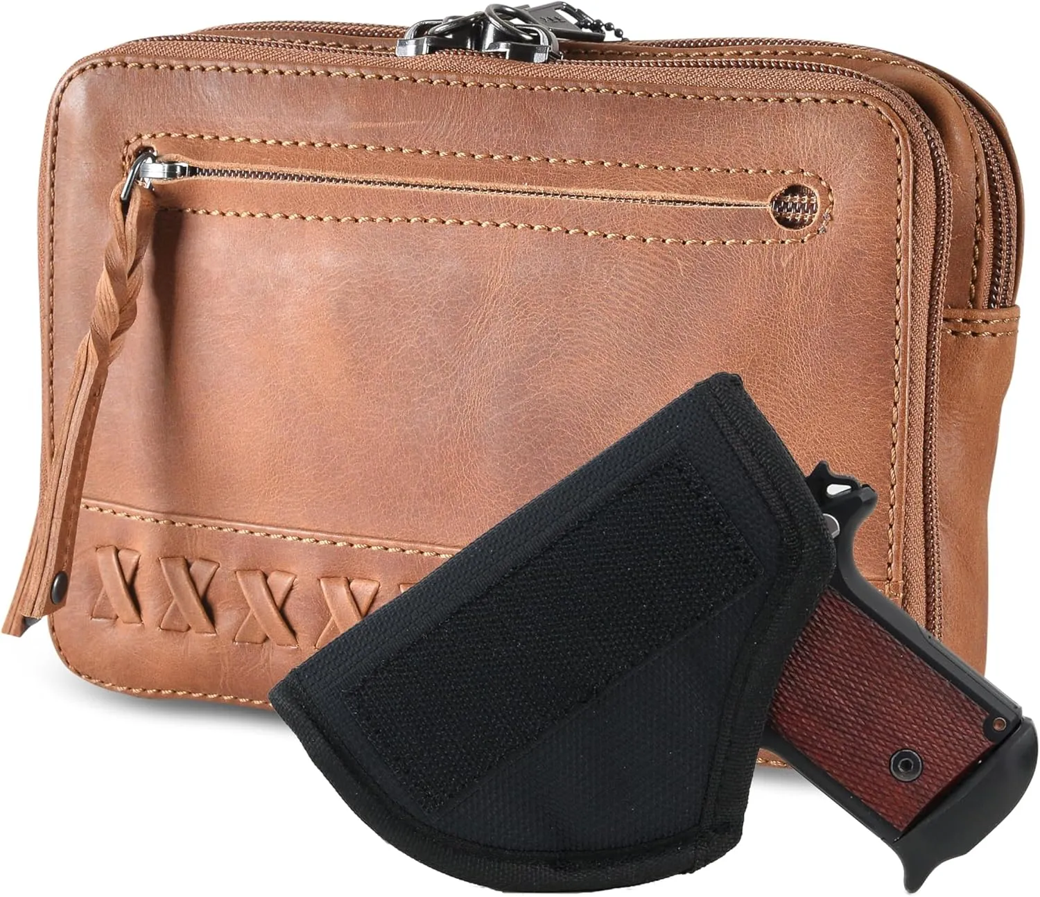 Kailey Concealed Self Defence Waist Bag by Lady Conceal - Buffalo or Suede Cowhide Leather, 3 Open Sides and Locking Zippers with Universal Holster (Cognac) - 8" L x 5.5" H x 2.25"