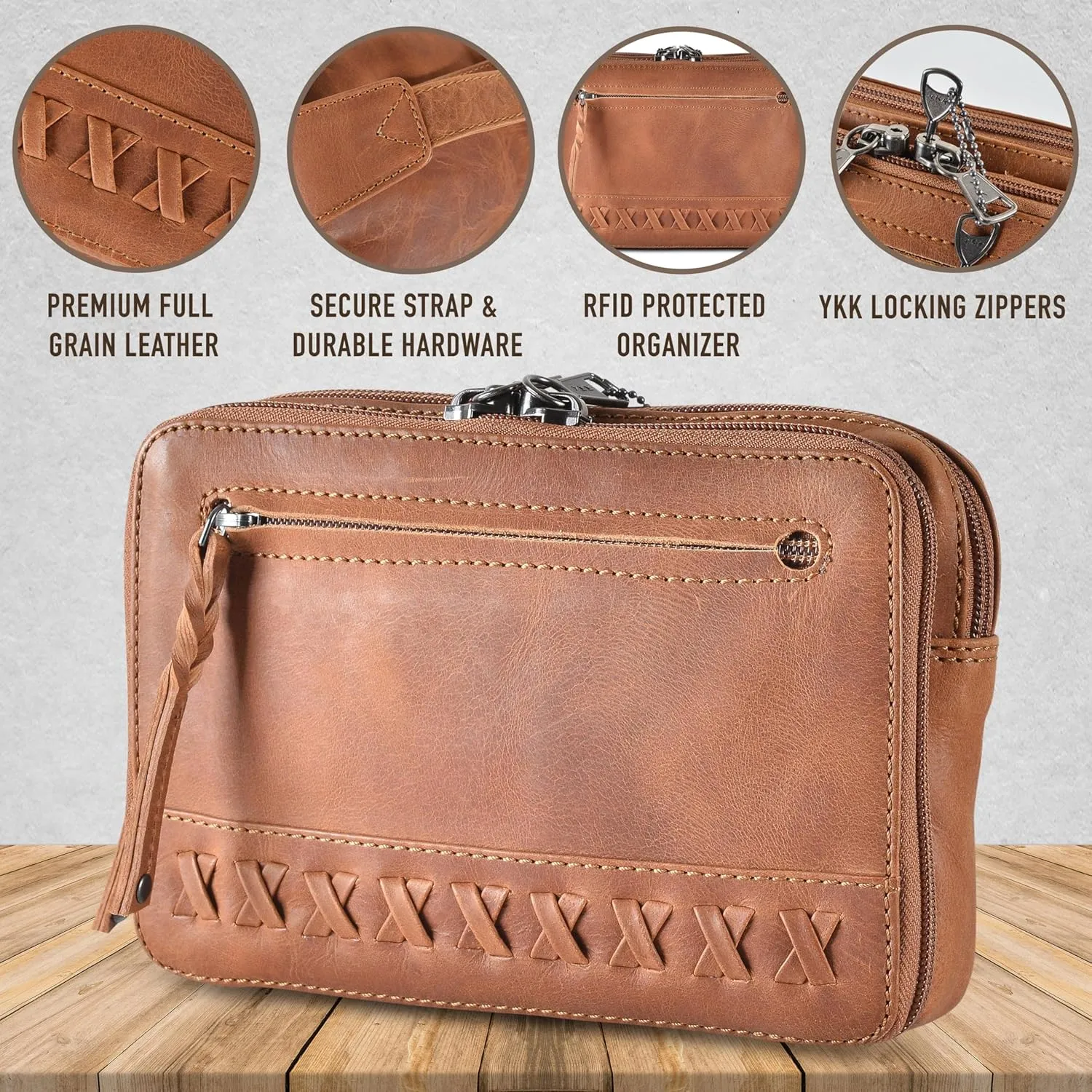 Kailey Concealed Self Defence Waist Bag by Lady Conceal - Buffalo or Suede Cowhide Leather, 3 Open Sides and Locking Zippers with Universal Holster (Cognac) - 8" L x 5.5" H x 2.25"