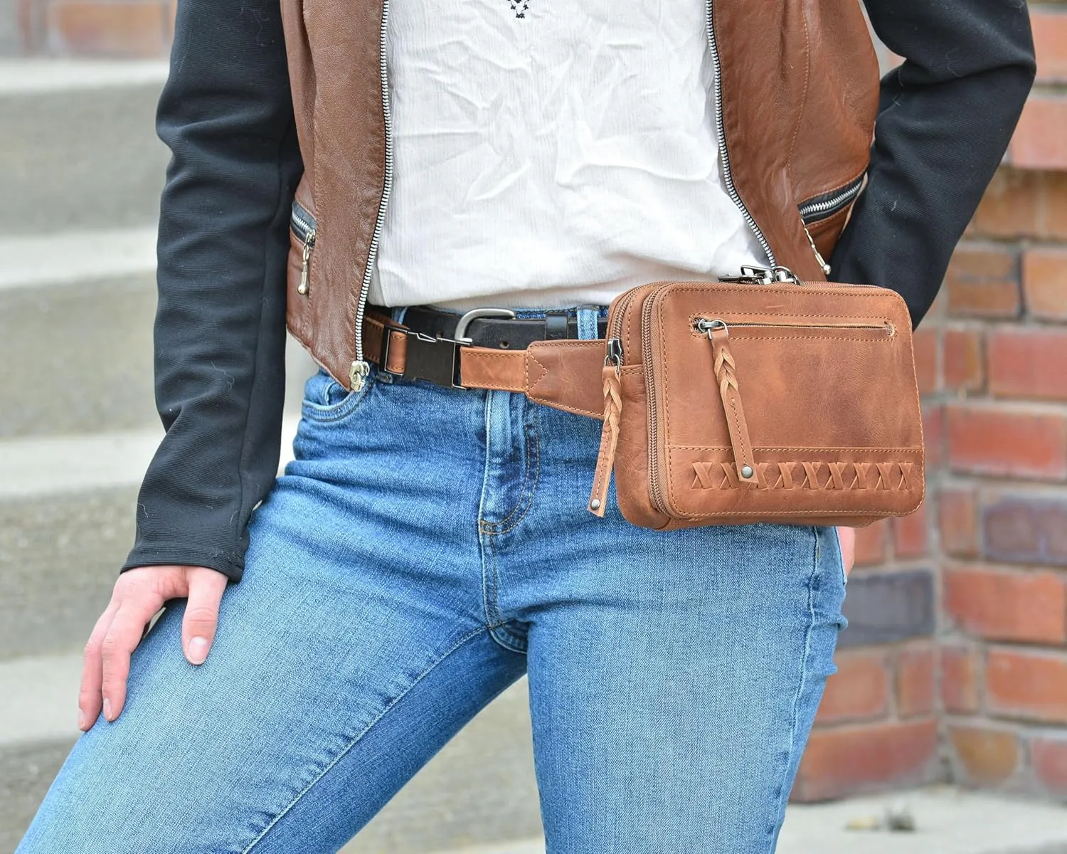 Kailey Concealed Self Defence Waist Bag by Lady Conceal - Buffalo or Suede Cowhide Leather, 3 Open Sides and Locking Zippers with Universal Holster (Cognac) - 8" L x 5.5" H x 2.25"