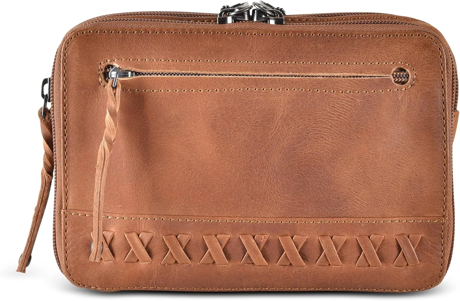 Kailey Concealed Self Defence Waist Bag by Lady Conceal - Buffalo or Suede Cowhide Leather, 3 Open Sides and Locking Zippers with Universal Holster (Cognac) - 8" L x 5.5" H x 2.25"