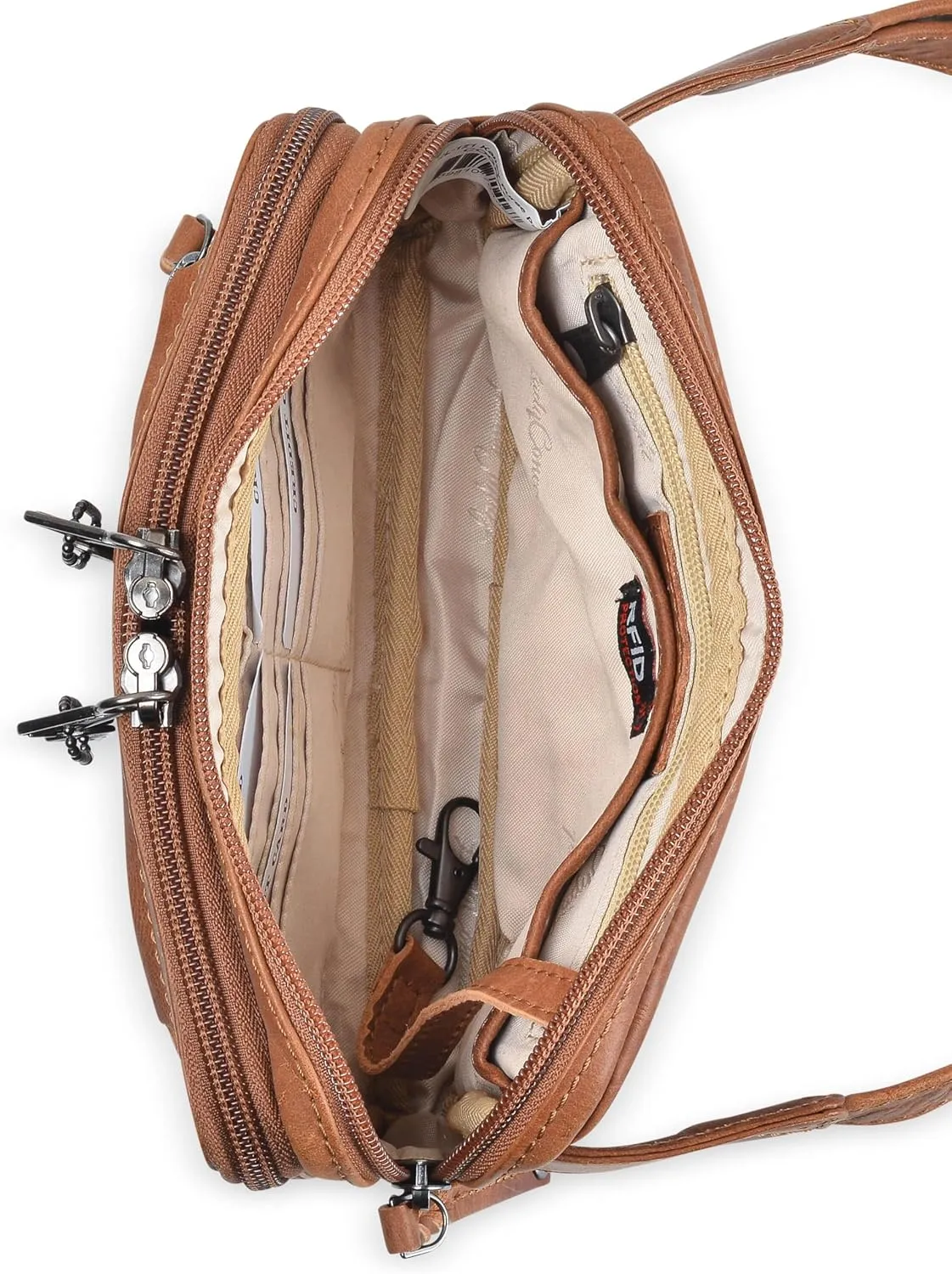 Kailey Concealed Self Defence Waist Bag by Lady Conceal - Buffalo or Suede Cowhide Leather, 3 Open Sides and Locking Zippers with Universal Holster (Cognac) - 8" L x 5.5" H x 2.25"