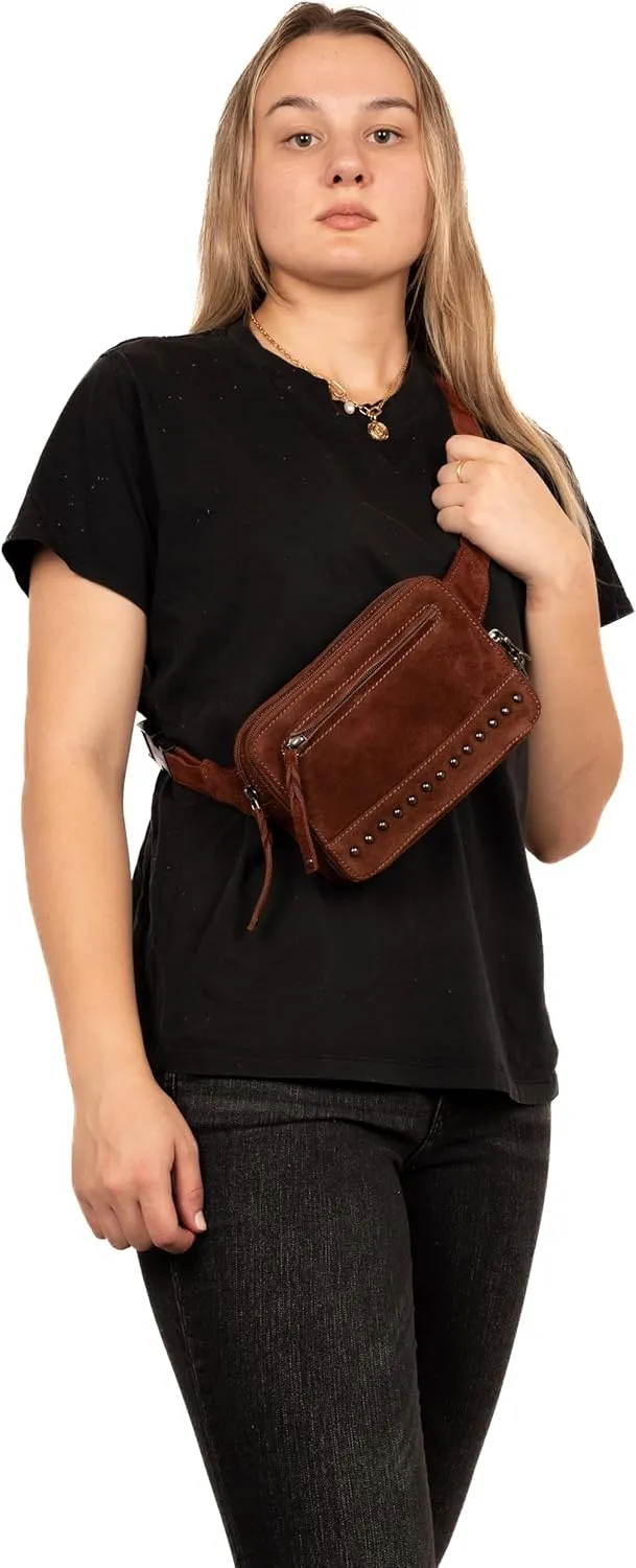 Kailey Concealed Self Defence Waist Bag by Lady Conceal - Buffalo or Suede Cowhide Leather, 3 Open Sides and Locking Zippers with Universal Holster (Dark Brown) - 8" L x 5.5" H x 2.25"