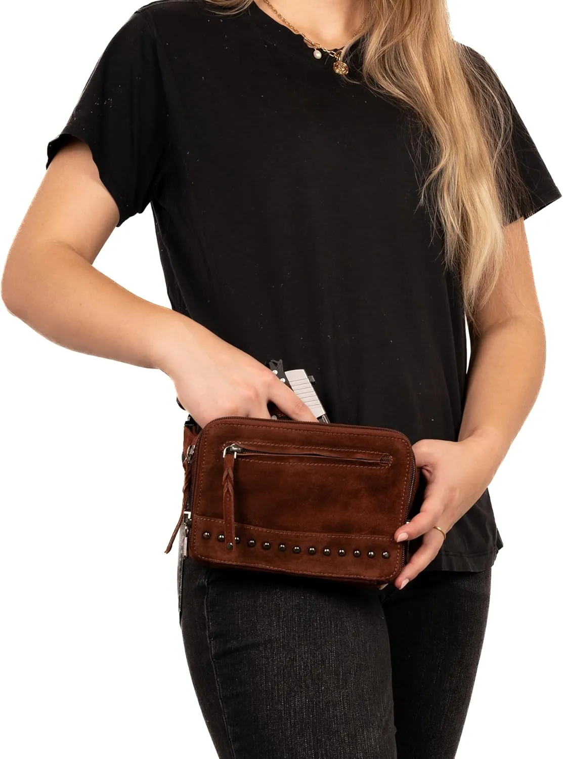 Kailey Concealed Self Defence Waist Bag by Lady Conceal - Buffalo or Suede Cowhide Leather, 3 Open Sides and Locking Zippers with Universal Holster (Dark Brown) - 8" L x 5.5" H x 2.25"