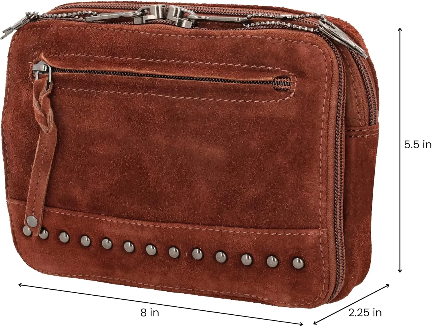 Kailey Concealed Self Defence Waist Bag by Lady Conceal - Buffalo/Suede Cowhide Leather, 3 Open Sides & Locking Zippers with Universal Holster (Mahogany w/Studs) - 8" L x 5.5" H x 2.25"