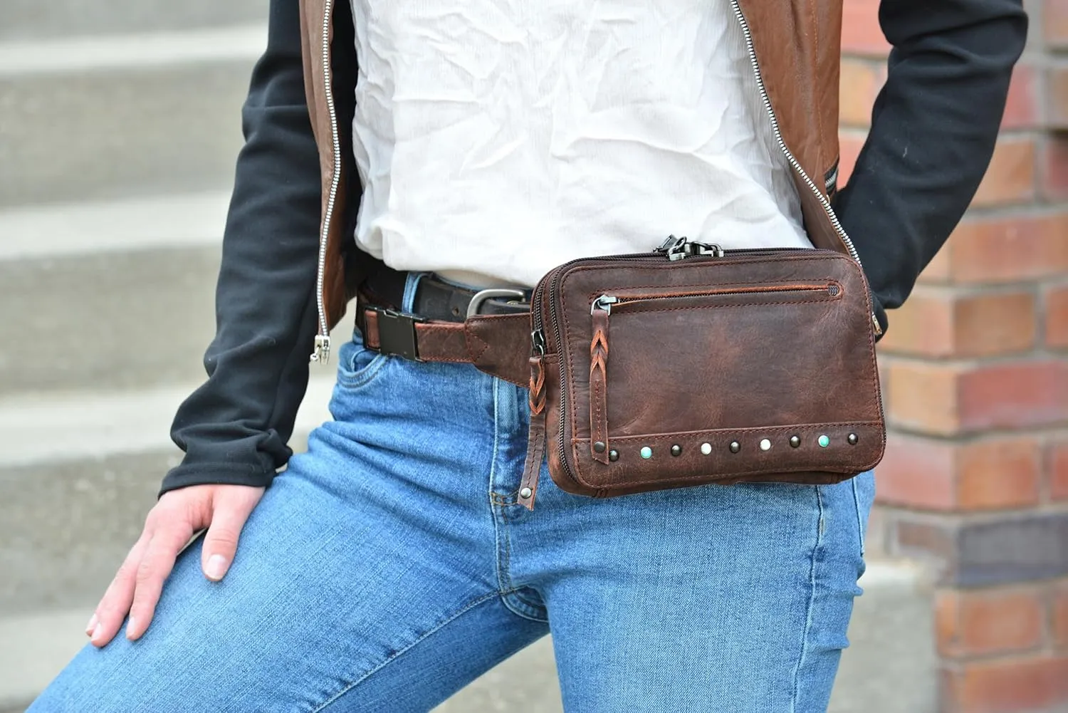 Kailey Concealed Self Defence Waist Bag by Lady Conceal - Buffalo/Suede Cowhide Leather, 3 Open Sides & Locking Zippers with Universal Holster (Mahogany w/Studs) - 8" L x 5.5" H x 2.25"
