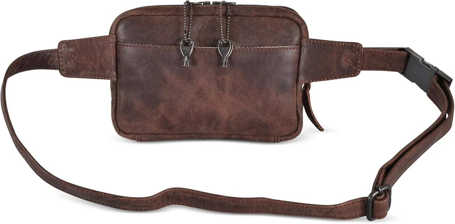 Kailey Concealed Self Defence Waist Bag by Lady Conceal - Buffalo/Suede Cowhide Leather, 3 Open Sides & Locking Zippers with Universal Holster (Mahogany w/Studs) - 8" L x 5.5" H x 2.25"