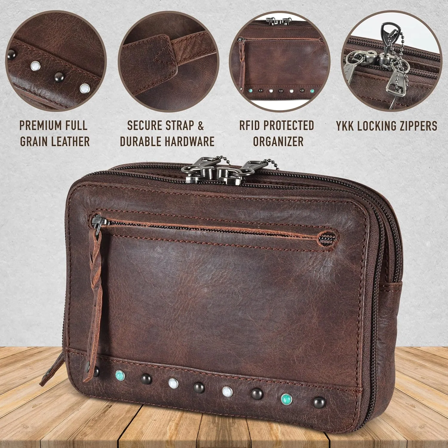 Kailey Concealed Self Defence Waist Bag by Lady Conceal - Buffalo/Suede Cowhide Leather, 3 Open Sides & Locking Zippers with Universal Holster (Mahogany w/Studs) - 8" L x 5.5" H x 2.25"