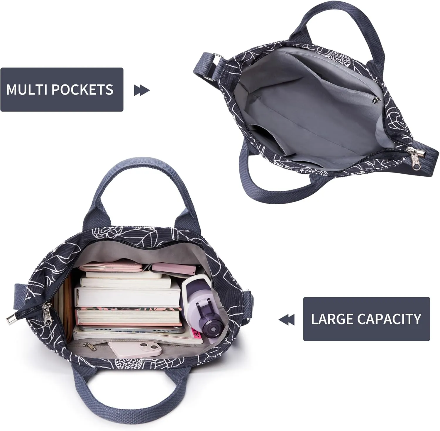 KALIDI Corduroy Tote Bag, Large Messenger Bag Shoulder Hobo Anti Splash Crossbody Zipper Bag Casual Work Shopping Women