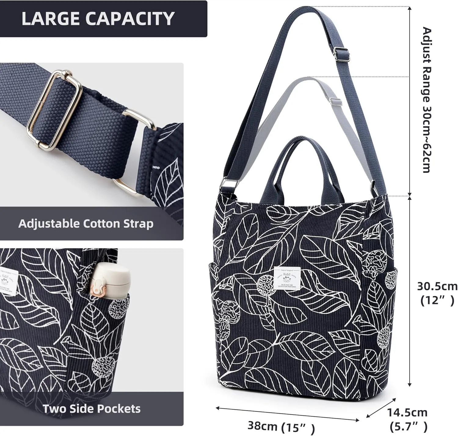KALIDI Corduroy Tote Bag, Large Messenger Bag Shoulder Hobo Anti Splash Crossbody Zipper Bag Casual Work Shopping Women