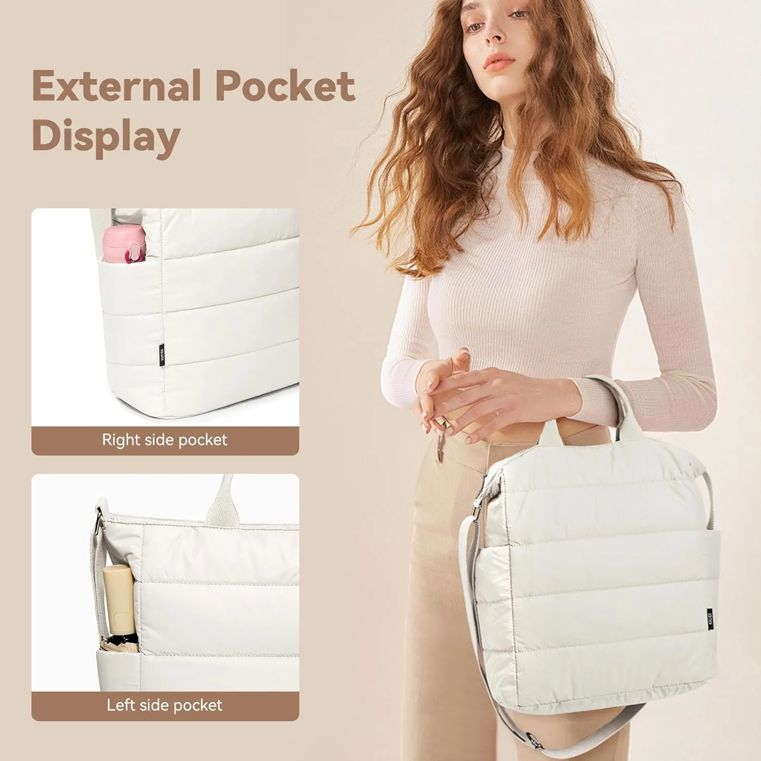 KALIDI Quilted Tote Bag, Puffer Hobo Laptop Bag Anti Splash Crossbody Zipper Shoulder Bag Large Casual Work Daily Women