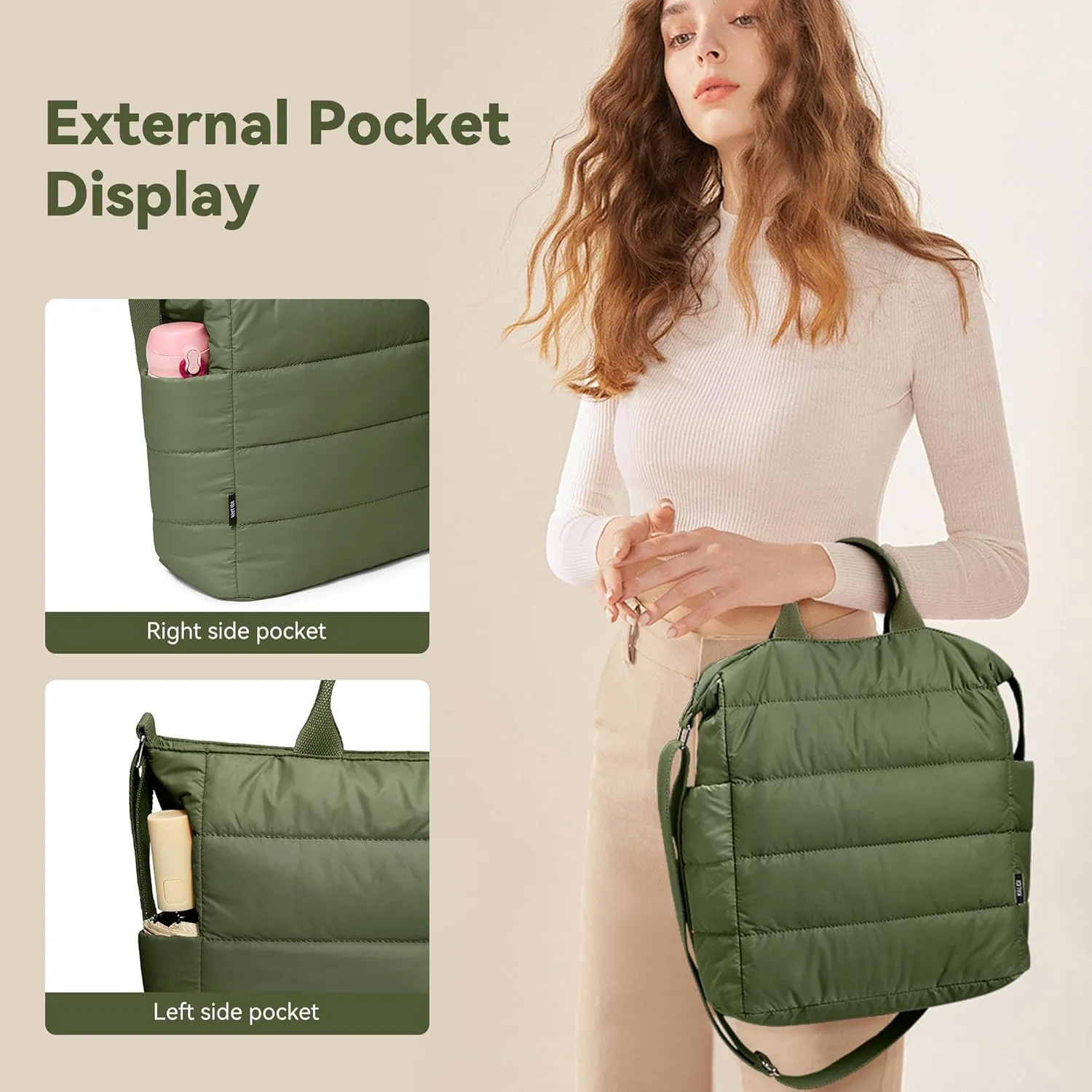 KALIDI Quilted Tote Bag, Puffer Hobo Laptop Bag Anti Splash Crossbody Zipper Shoulder Bag Large Casual Work Daily Women