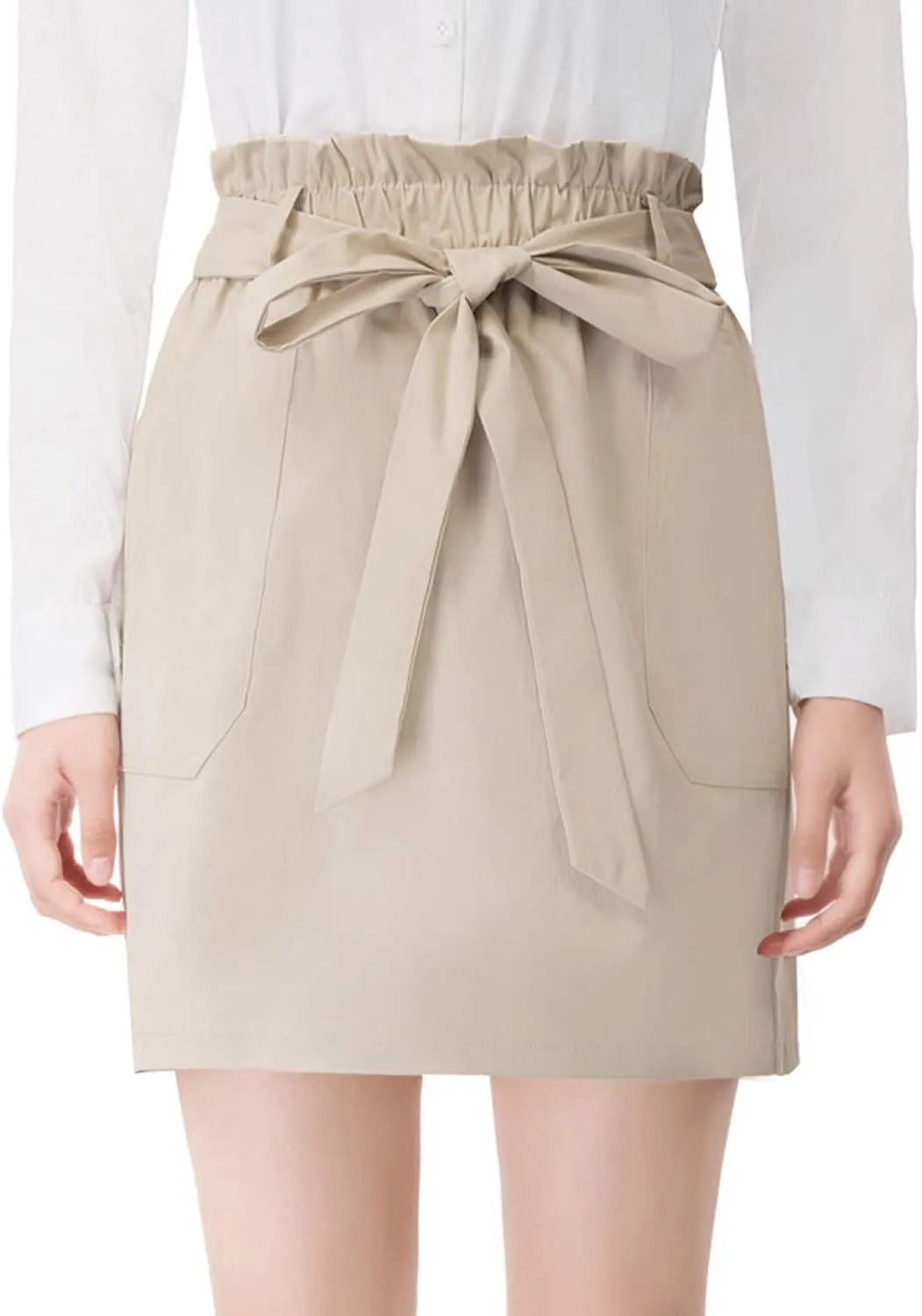 KANCY KOLE Women's Casual High Waist A Line Skirt Paper Bag Elastic Waist Short Skirt with Pockets S-XXL