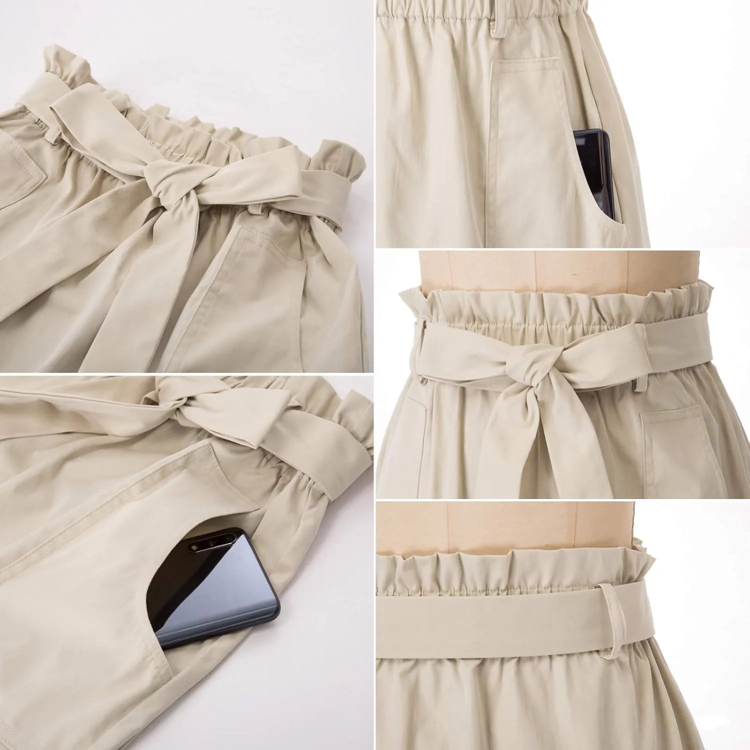 KANCY KOLE Women's Casual High Waist A Line Skirt Paper Bag Elastic Waist Short Skirt with Pockets S-XXL