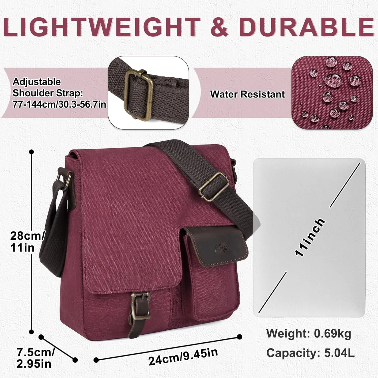 Kasqo Small Messenger Bag, Canvas Leather Crossbody Bag for Men Water Resistant Women Shoulder Bag Purse for Work Business