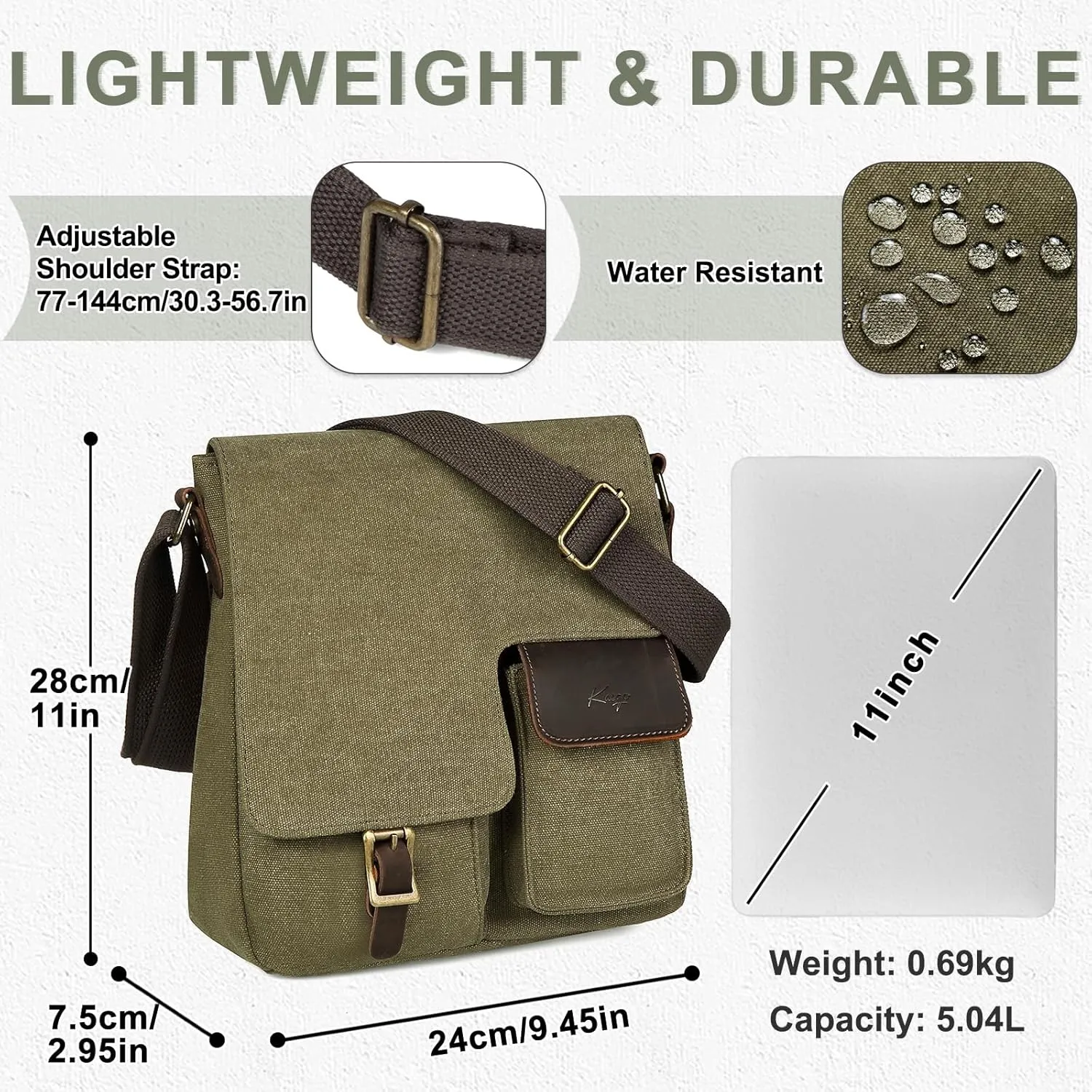 Kasqo Small Messenger Bag, Canvas Leather Crossbody Bag for Men Water Resistant Women Shoulder Bag Purse for Work Business