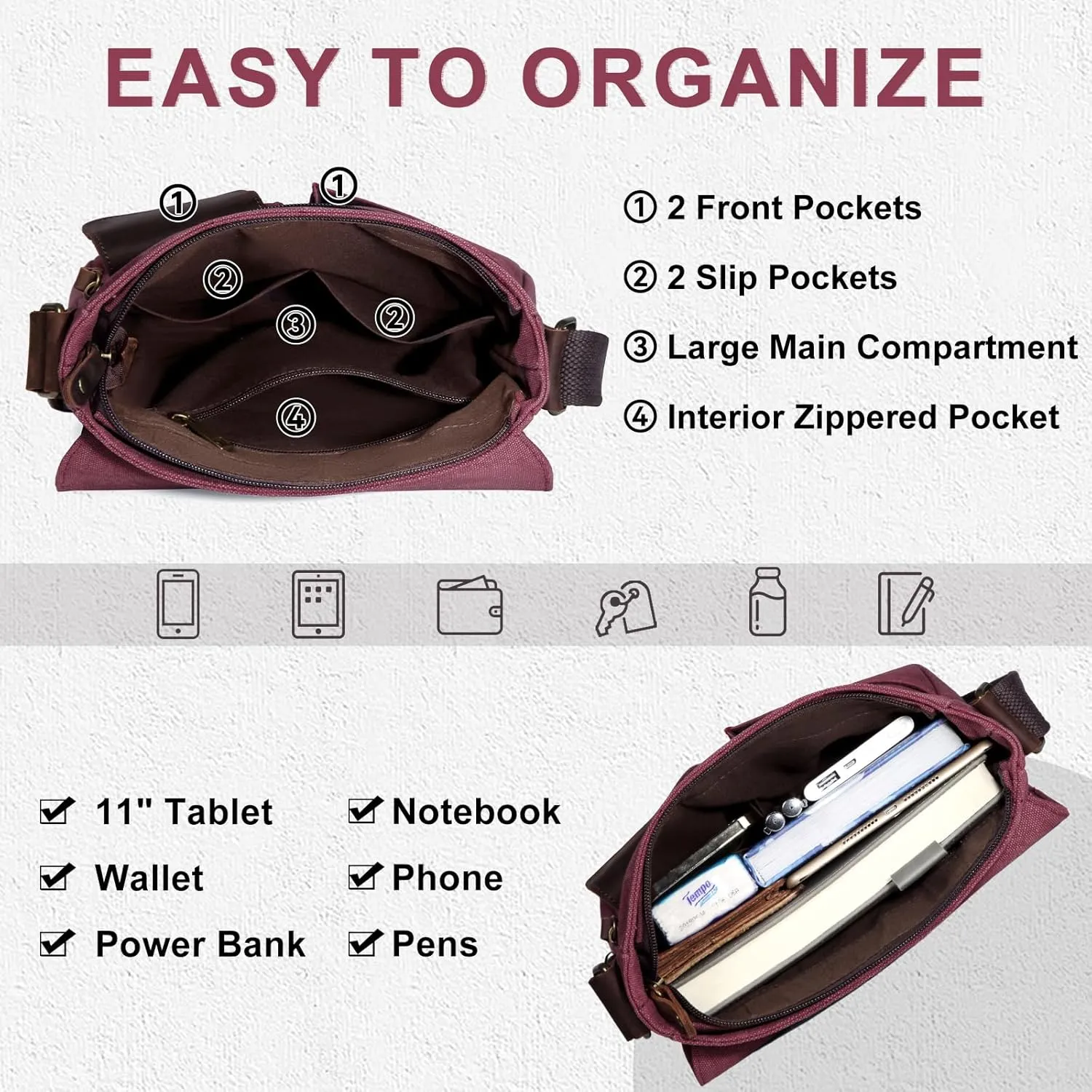 Kasqo Small Messenger Bag, Canvas Leather Crossbody Bag for Men Water Resistant Women Shoulder Bag Purse for Work Business