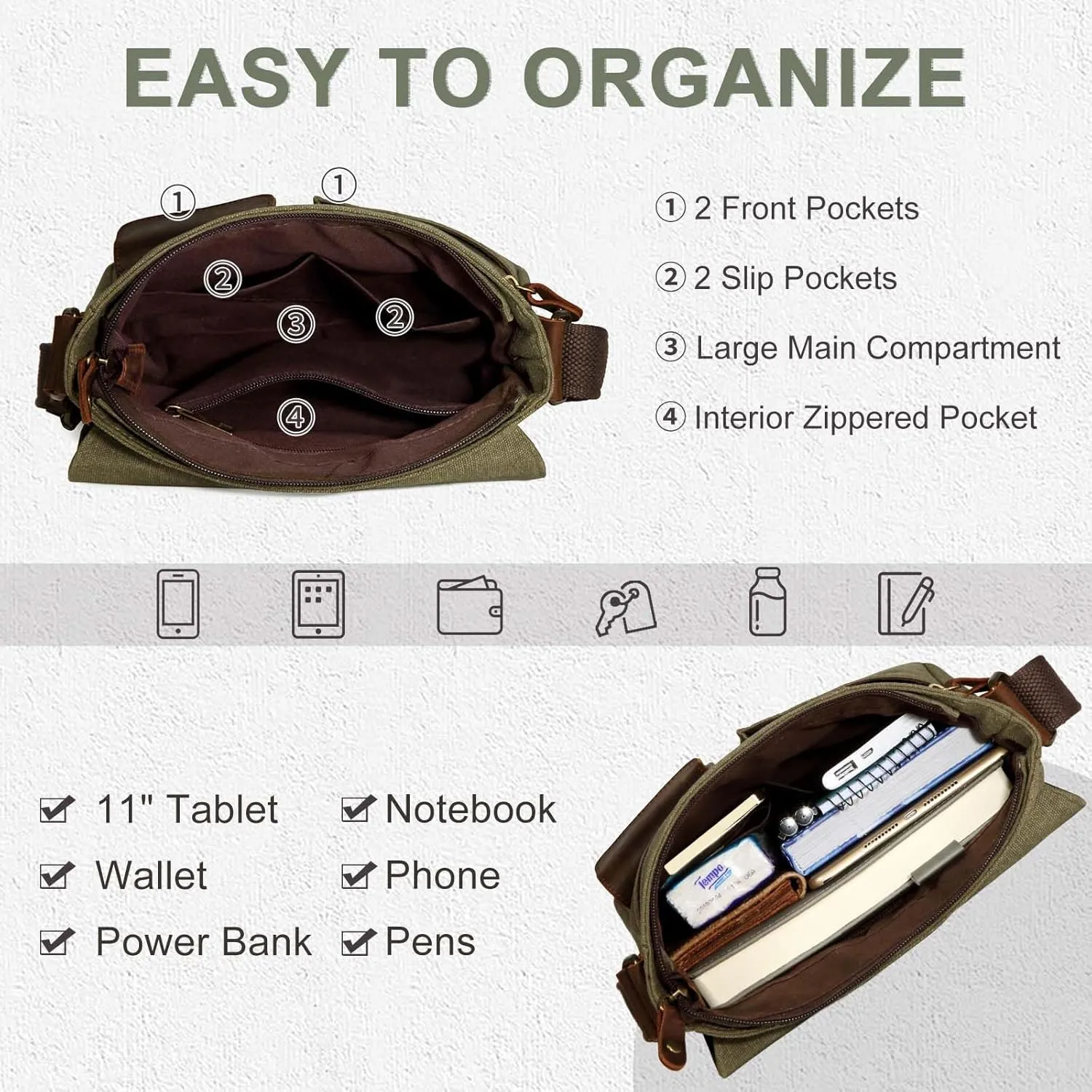 Kasqo Small Messenger Bag, Canvas Leather Crossbody Bag for Men Water Resistant Women Shoulder Bag Purse for Work Business