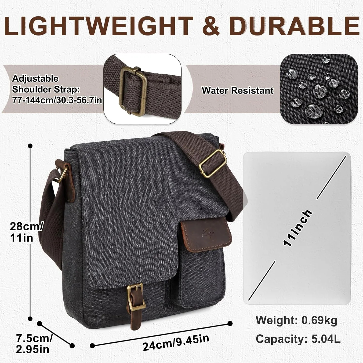 Kasqo Small Messenger Bag, Canvas Leather Crossbody Bag for Men Water Resistant Women Shoulder Bag Purse for Work Business