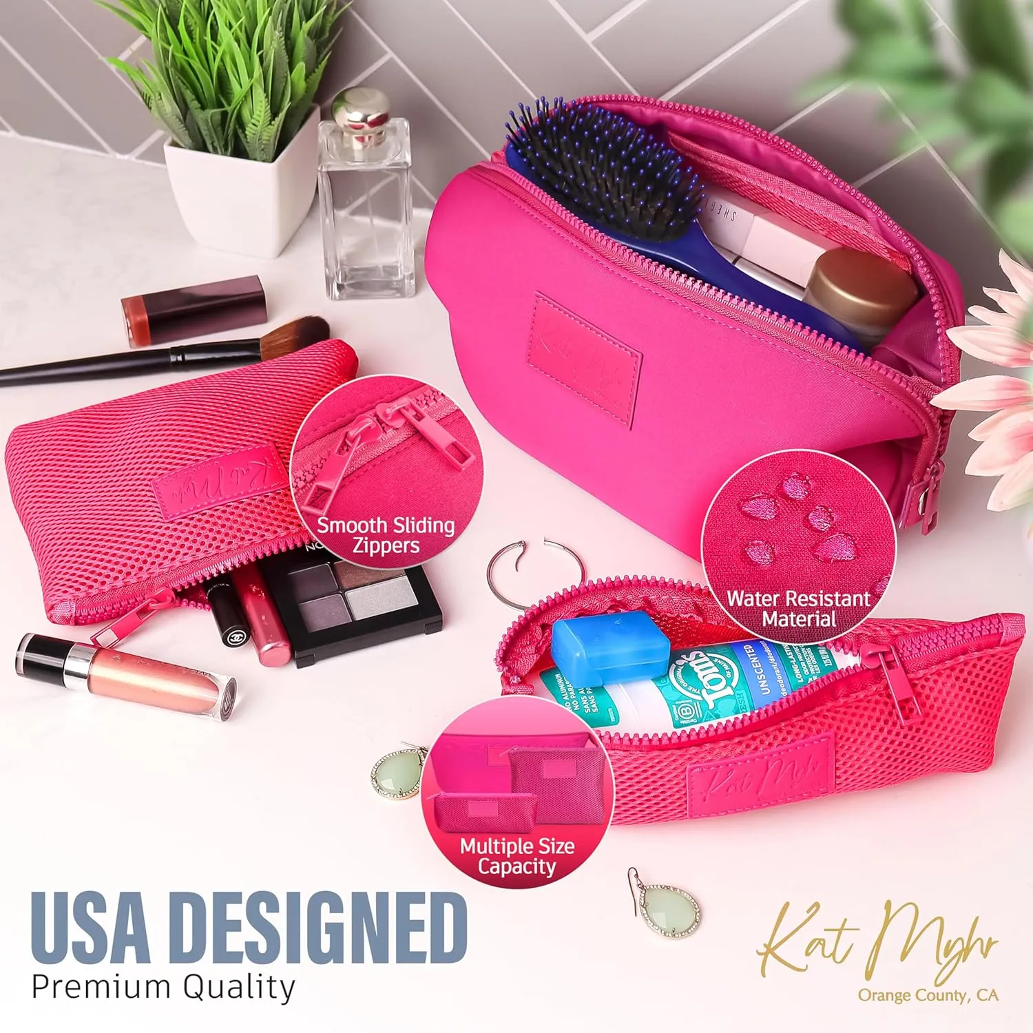 Kat Myhr Neoprene Washable Travel Makeup & Cosmetic Bag Set, 2 Air Mesh Pouches,100% Neoprene Toiletry Bag, Large Water Resistant Travel Bag for Toiletries, Makeup Cosmetic Travel Bag (Fuchsia Pink)