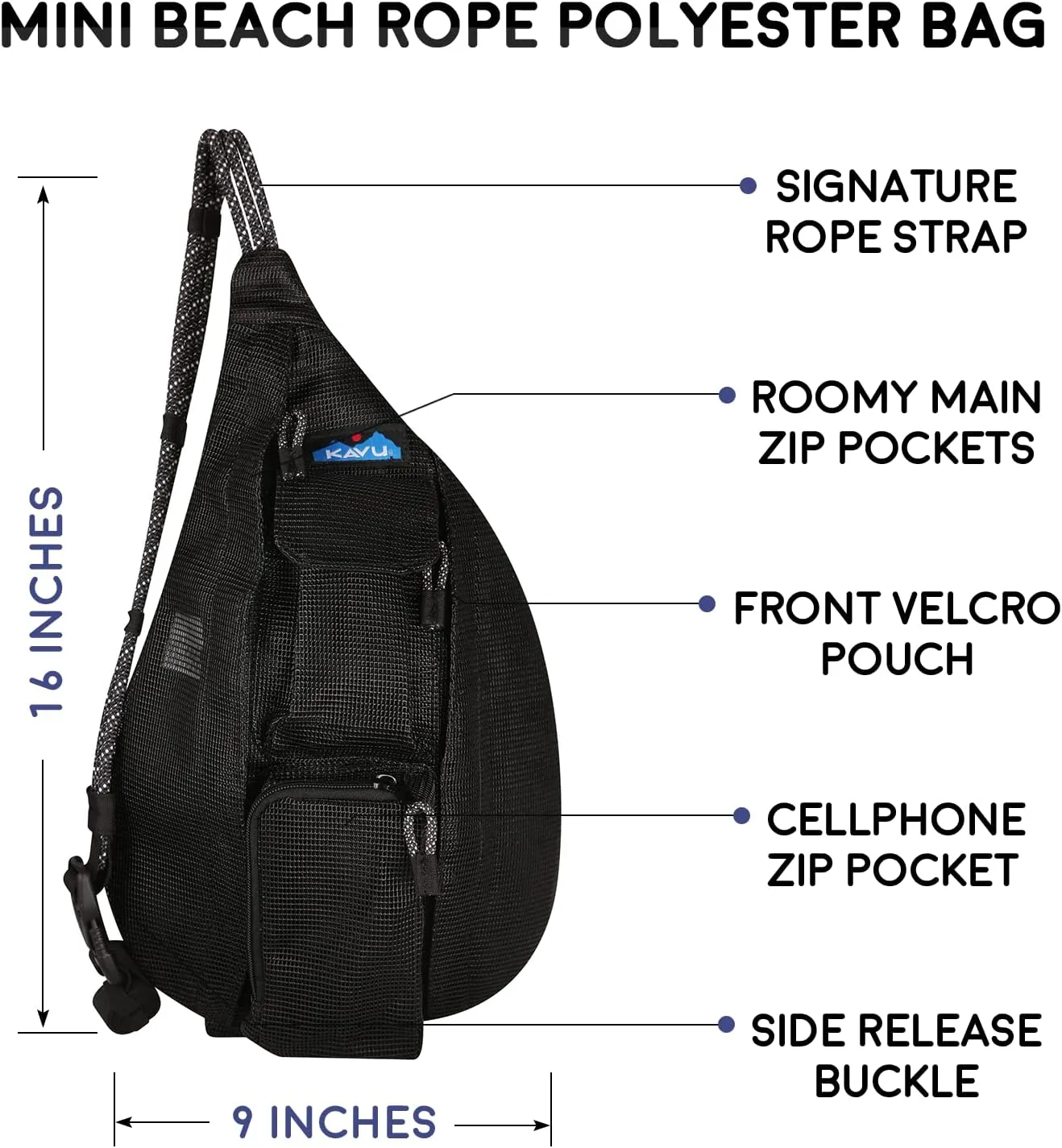 KAVU Mini Beach Rope Bag Mesh Crossbody Sling Backpack - Black