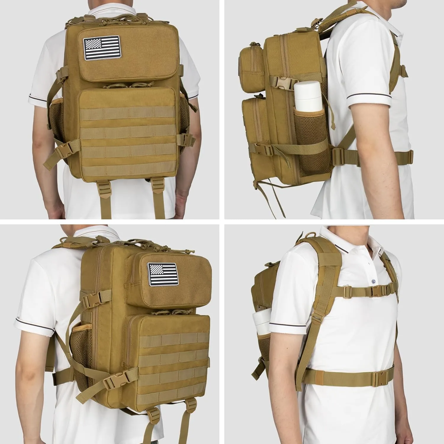 Khaki 25L Military Tactical Backpack for Travel Hiking, Backpack for Men with Bottle Holder, Small Laptop Backpack for Work, Men's Assault Bag Back Pack