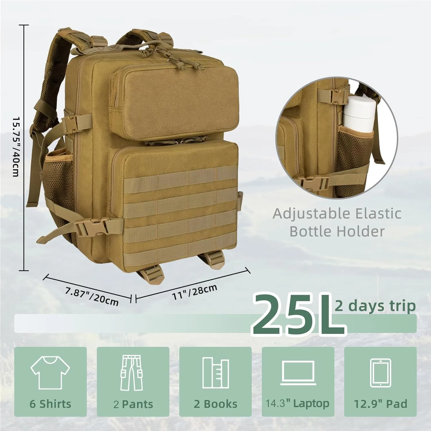 Khaki 25L Military Tactical Backpack for Travel Hiking, Backpack for Men with Bottle Holder, Small Laptop Backpack for Work, Men's Assault Bag Back Pack