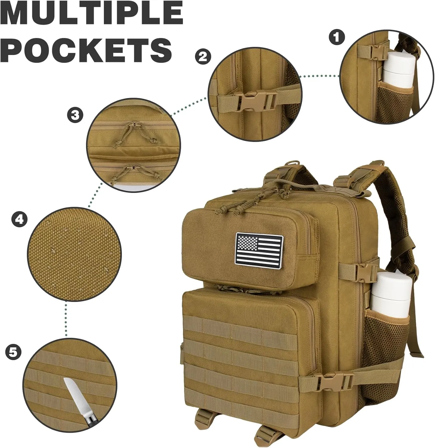 Khaki 25L Military Tactical Backpack for Travel Hiking, Backpack for Men with Bottle Holder, Small Laptop Backpack for Work, Men's Assault Bag Back Pack