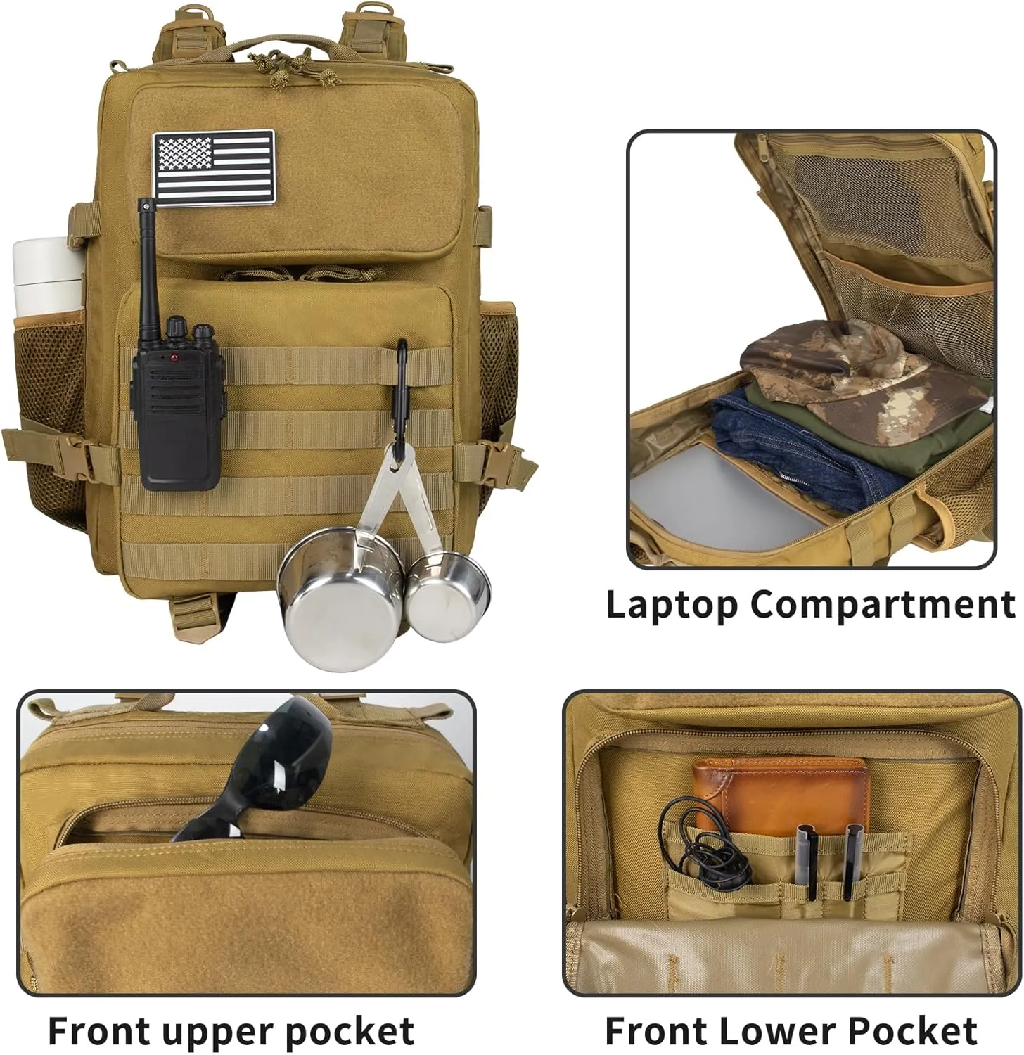 Khaki 25L Military Tactical Backpack for Travel Hiking, Backpack for Men with Bottle Holder, Small Laptop Backpack for Work, Men's Assault Bag Back Pack