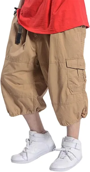 Kinghua Baggy Cargo Shorts for Men Elastic Waist Loose Fit Cotton Twill Below Knee Long Shorts