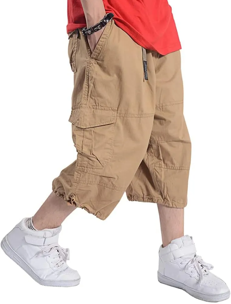 Kinghua Baggy Cargo Shorts for Men Elastic Waist Loose Fit Cotton Twill Below Knee Long Shorts