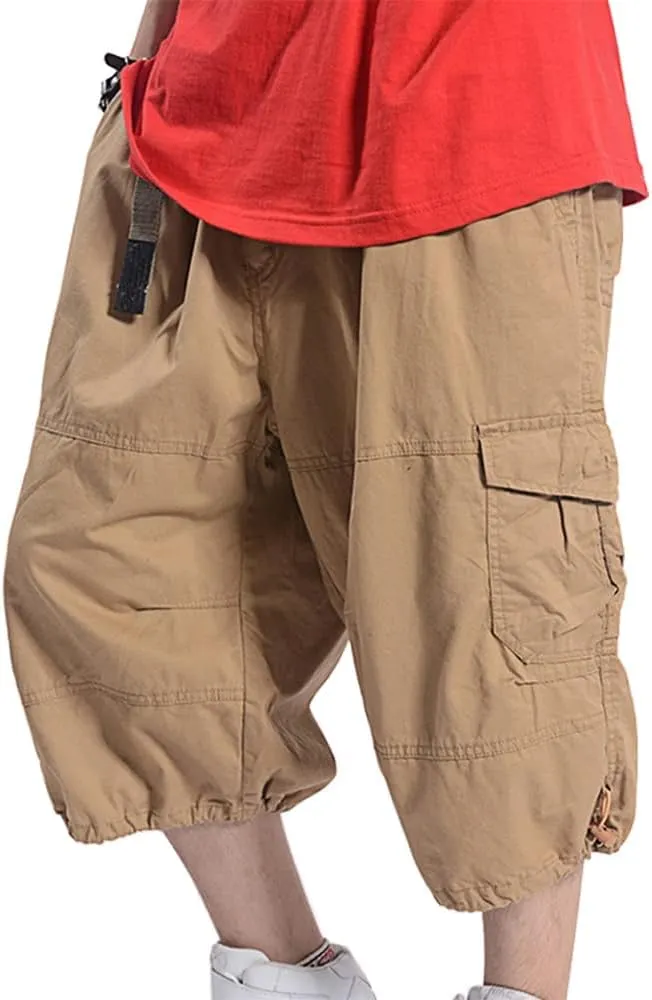Kinghua Baggy Cargo Shorts for Men Elastic Waist Loose Fit Cotton Twill Below Knee Long Shorts