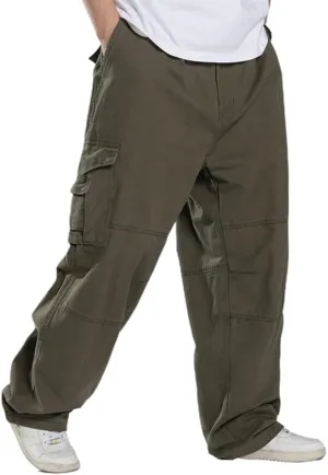 Kinghua Men's Baggy Cargo Pants Casual Loose Fit Elastic Waist Cotton Twill Cargo Pants