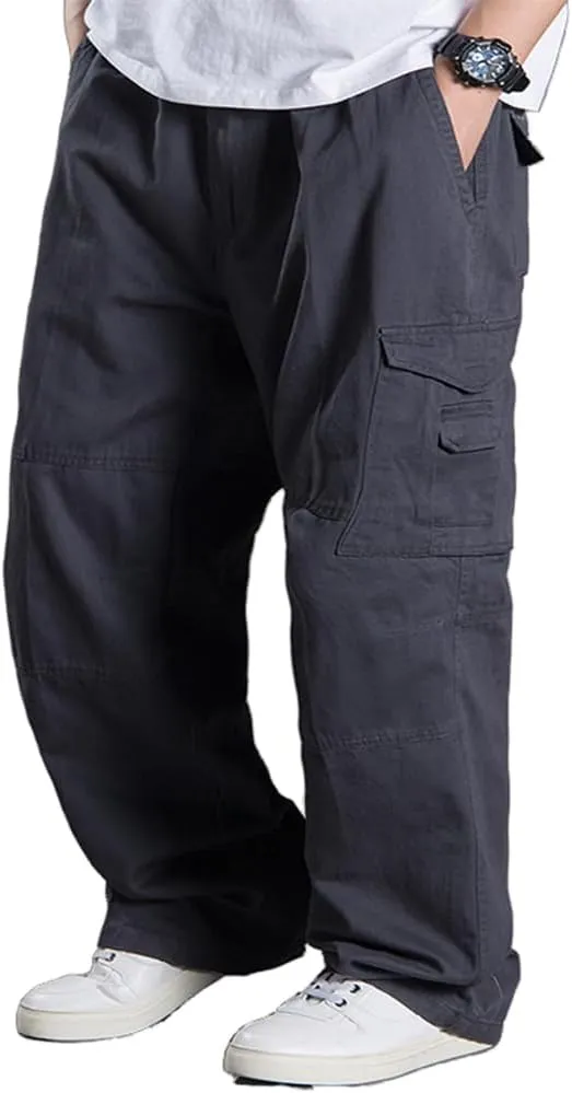 Kinghua Men's Baggy Cargo Pants Casual Loose Fit Elastic Waist Cotton Twill Cargo Pants