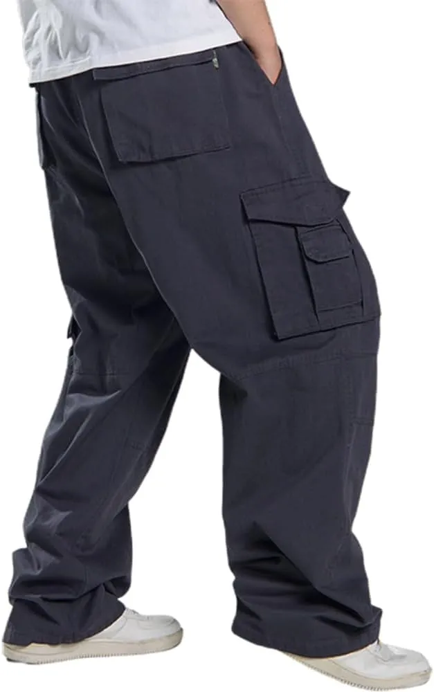 Kinghua Men's Baggy Cargo Pants Casual Loose Fit Elastic Waist Cotton Twill Cargo Pants