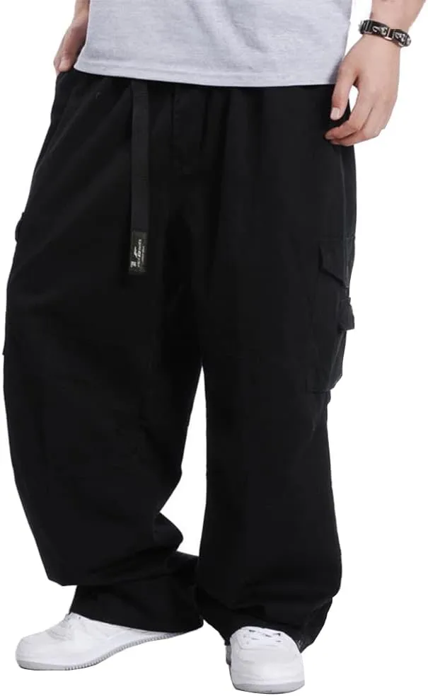 Kinghua Mens Baggy Cargo Pants Casual Loose Fit Elastic Waist Cotton Twill Cargo Pants
