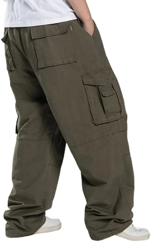 Kinghua Men's Baggy Cargo Pants Casual Loose Fit Elastic Waist Cotton Twill Cargo Pants