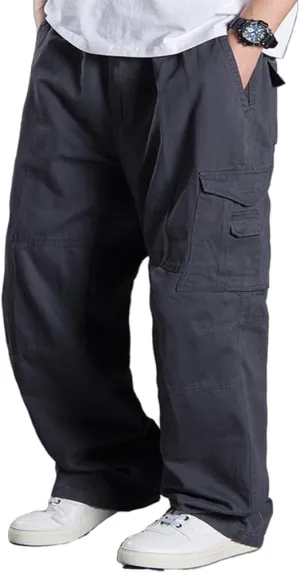 Kinghua Men's Baggy Cargo Pants Casual Loose Fit Elastic Waist Cotton Twill Cargo Pants